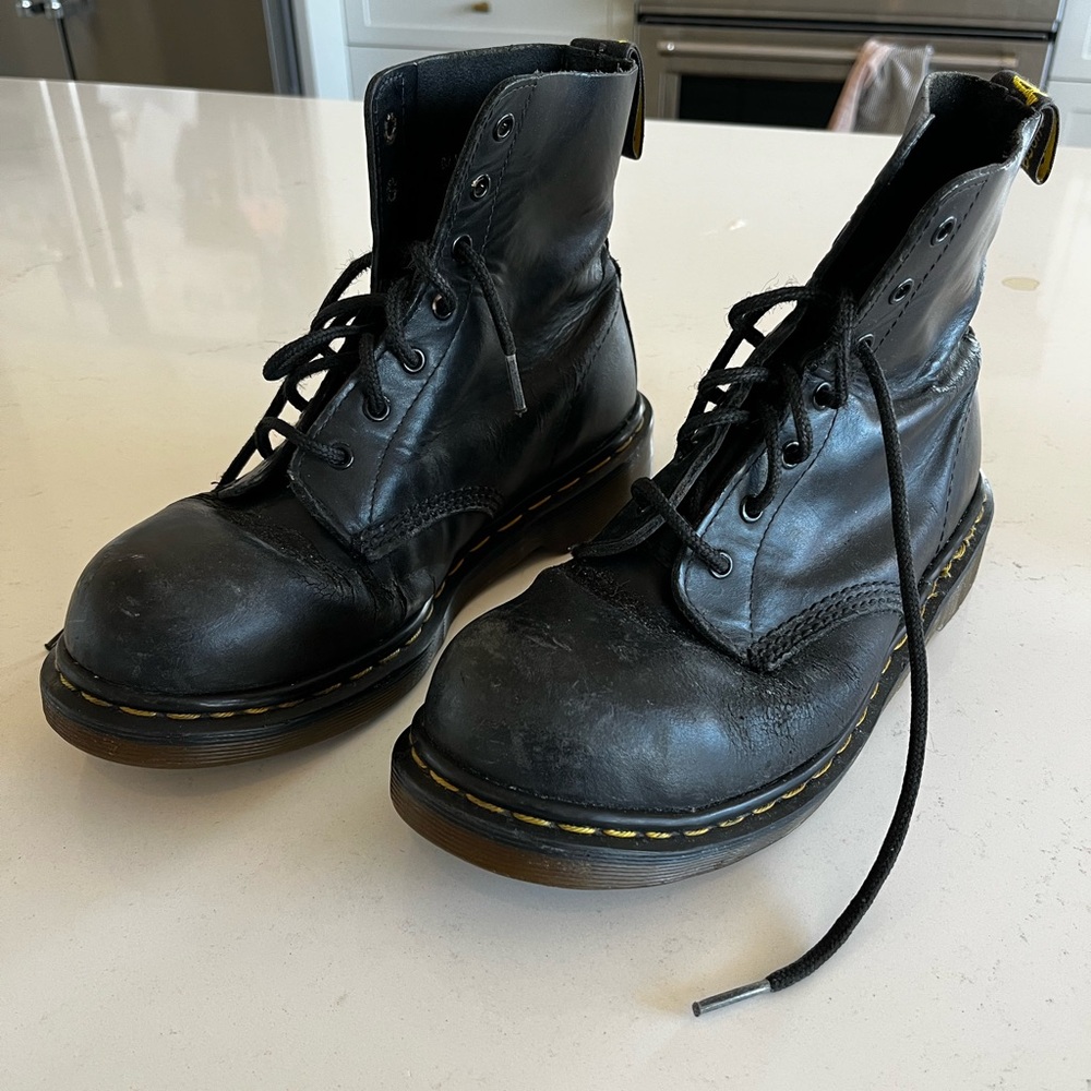 Dr. Martens Black Leather Lace-Up Boots, MIE steel toe